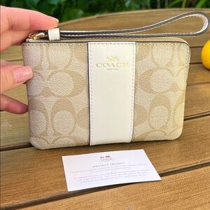 Coach Beige Signature Canvas Wristlet with White Leather Trim